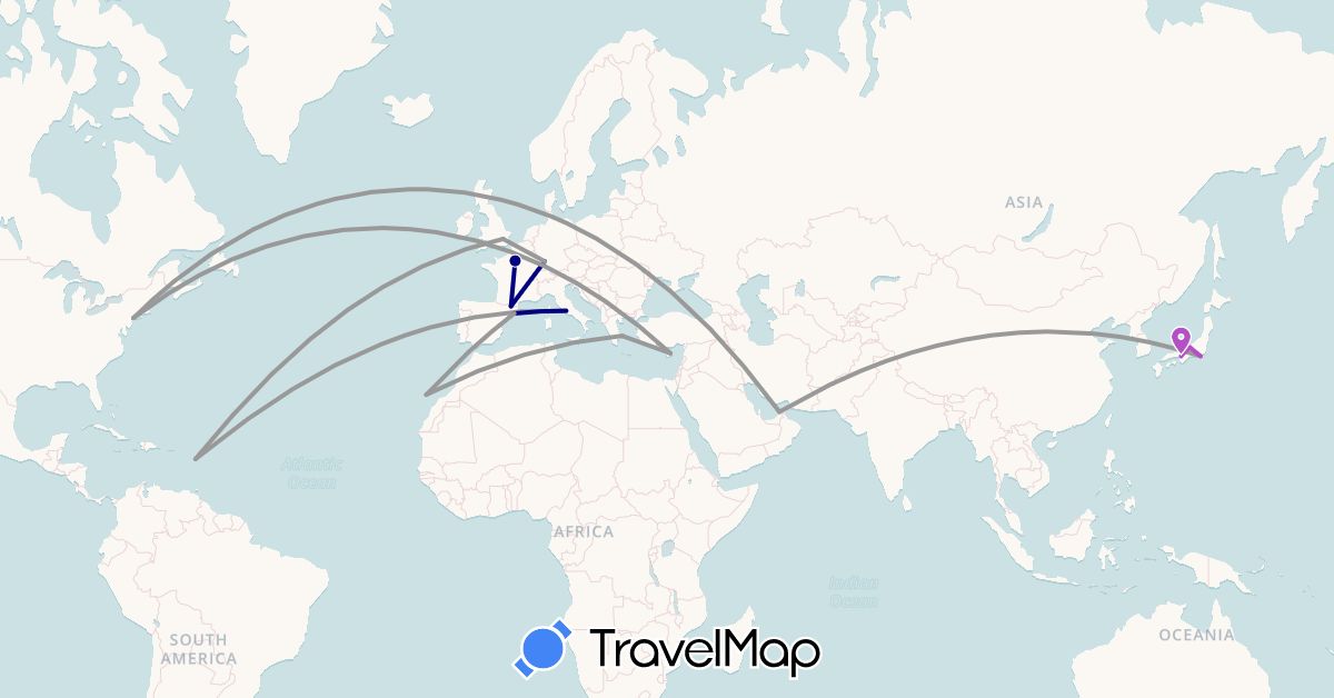 TravelMap itinerary: driving, plane, train in Andorra, United Arab Emirates, Cyprus, Germany, Spain, France, United Kingdom, Greece, Italy, Japan, United States (Asia, Europe, North America)